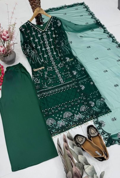 Sleek Green Heavy Soft Net Kurta Palazzo Set with Pearl Embroidery and Dupatta Ready To Wear Collection
