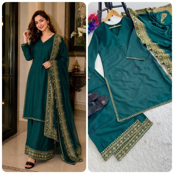Sleek Green Kurti Palazzo Set With Sequins and Zari Work Palazzo Suit for Special Occasions Ready To Wear Collection