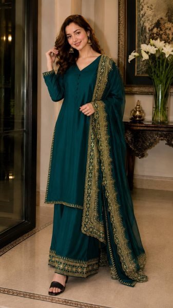 Sleek Green Kurti Palazzo Set With Sequins and Zari Work Palazzo Suit for Special Occasions Ready To Wear Collection