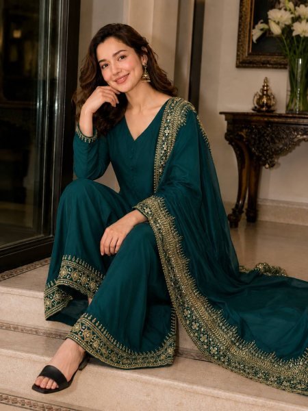 Sleek Green Kurti Palazzo Set With Sequins and Zari Work Palazzo Suit for Special Occasions Ready To Wear Collection