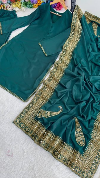 Sleek Green Kurti Palazzo Set With Sequins and Zari Work Palazzo Suit for Special Occasions Ready To Wear Collection