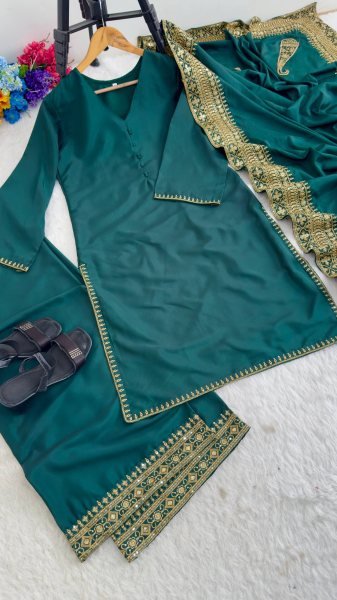 Sleek Green Kurti Palazzo Set With Sequins and Zari Work Palazzo Suit for Special Occasions Ready To Wear Collection