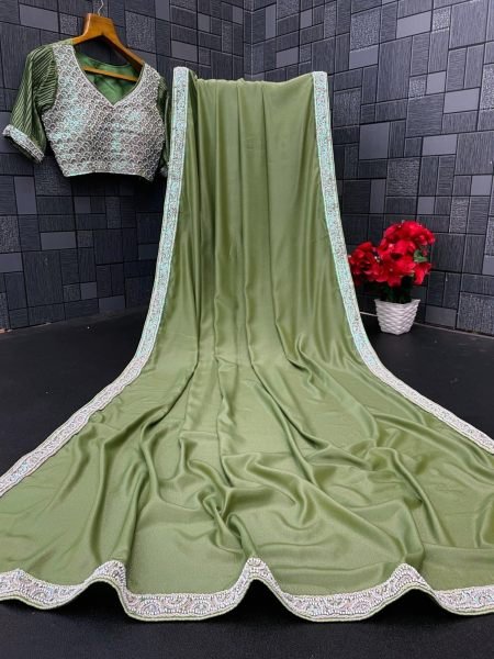 Sleek Green Premium Chocolate Silk Saree with Beads Embroidery Work 