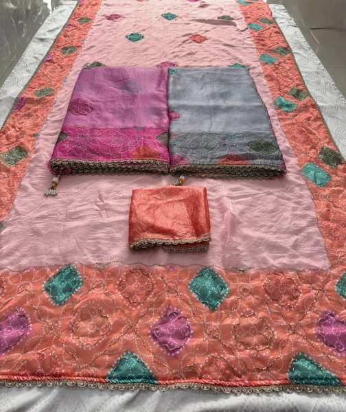 Sleek Grey Party Wear Soft Space Silk Digital Print Saree with Lace Border at Wholesale Rate Silk Sarees Wholesale