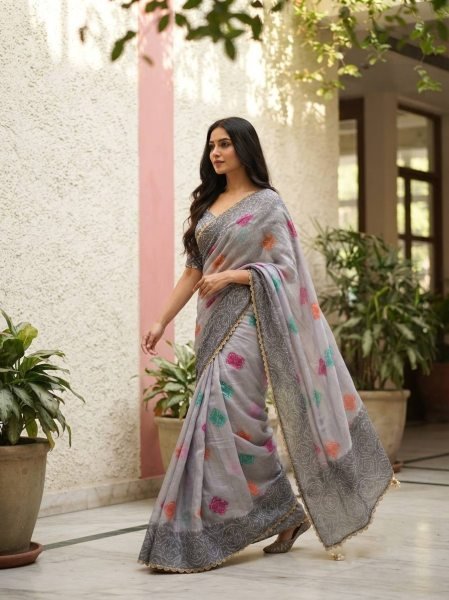 Sleek Grey Party Wear Soft Space Silk Digital Print Saree with Lace Border at Wholesale Rate Silk Sarees Wholesale