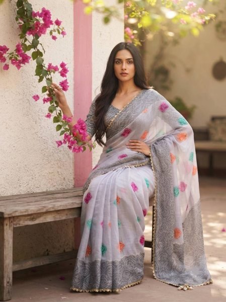 Sleek Grey Party Wear Soft Space Silk Digital Print Saree with Lace Border at Wholesale Rate Silk Sarees Wholesale