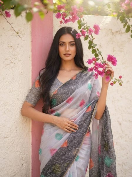 Sleek Grey Party Wear Soft Space Silk Digital Print Saree with Lace Border at Wholesale Rate Silk Sarees Wholesale