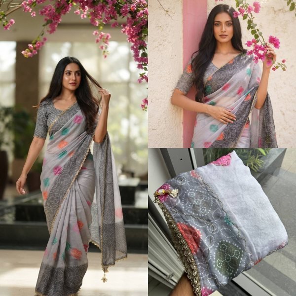 Sleek Grey Party Wear Soft Space Silk Digital Print Saree with Lace Border at Wholesale Rate Silk Sarees Wholesale