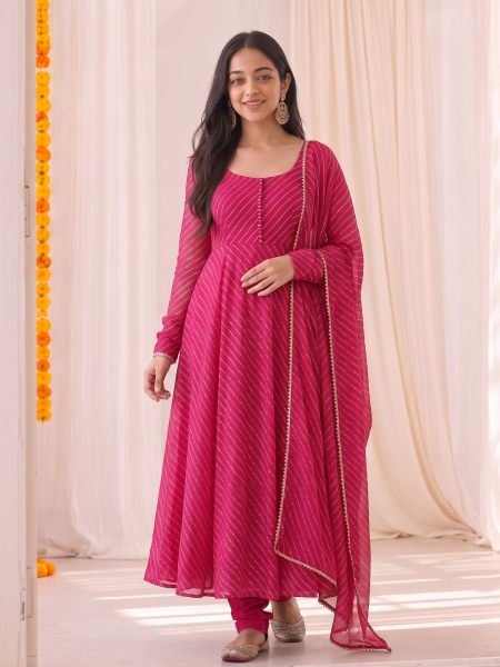 Sleek Hot Pink Designer Bandhani Anarkali Gown with Gota Patti Lace Border Kurtis