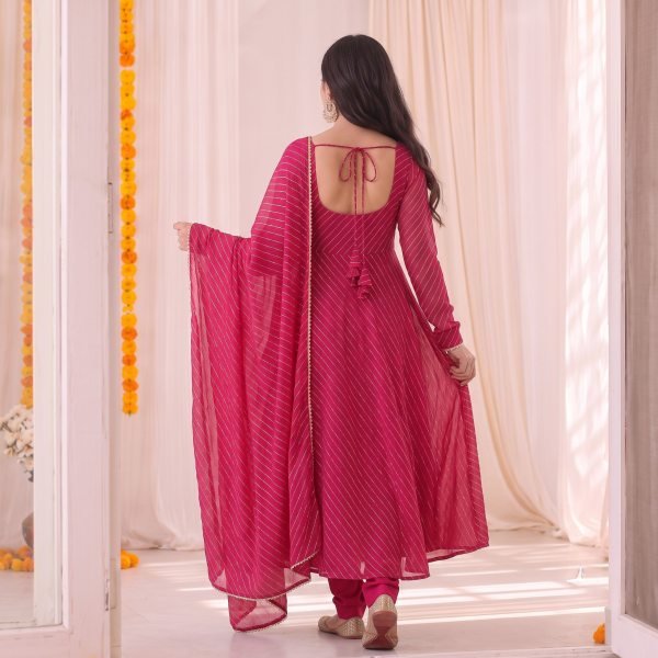 Sleek Hot Pink Designer Bandhani Anarkali Gown with Gota Patti Lace Border Anarkali Kurtis 