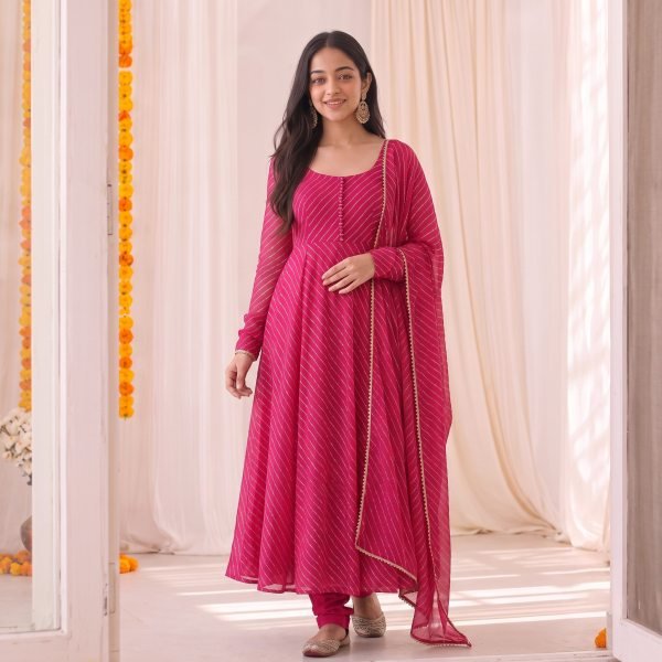Sleek Hot Pink Designer Bandhani Anarkali Gown with Gota Patti Lace Border Anarkali Kurtis 