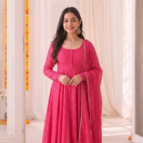 Sleek Hot Pink Designer Bandhani Anarkali Gown with Gota Patti Lace Border Anarkali Kurtis 