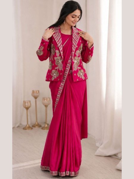 Sleek Hot Pink Designer Ready to Wear Saree with Koti at Wholesale Price Sarees 