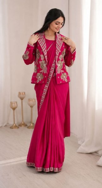 Sleek Hot Pink Designer Ready to Wear Saree with Koti at Wholesale Price Ready To Wear Saree 