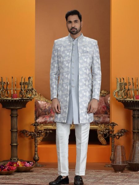 Sleek Ice Blue Designer Dupion Silk Suit Set with Elegant Embroidery Neck Work 