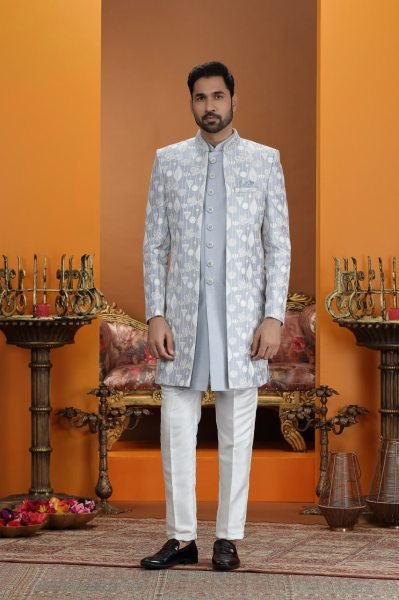 Sleek Ice Blue Designer Dupion Silk Suit Set with Elegant Embroidery Neck Work Kurta Pajama Wholesale