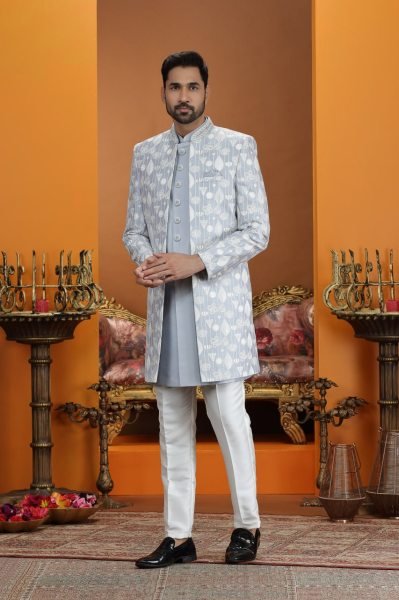 Sleek Ice Blue Designer Dupion Silk Suit Set with Elegant Embroidery Neck Work Kurta Pajama Wholesale