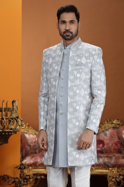 Sleek Ice Blue Designer Dupion Silk Suit Set with Elegant Embroidery Neck Work Kurta Pajama Wholesale