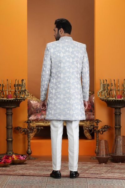 Sleek Ice Blue Designer Dupion Silk Suit Set with Elegant Embroidery Neck Work Kurta Pajama Wholesale