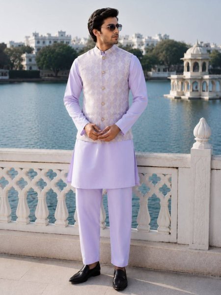 Sleek Lavender Designer Men's Malai Satin Kurta Pant and Sequins Jacquard Koti 
