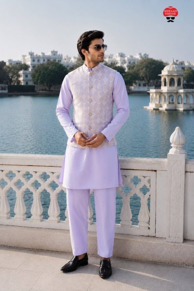 Sleek Lavender Designer Men's Malai Satin Kurta Pant and Sequins Jacquard Koti Kurta Pajama Wholesale
