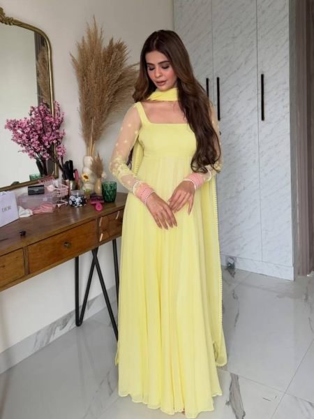Sleek Lemon Yellow Maxi Anarkali Suit Set with Heavy Embroidery Multi Needle Work Ready To Wear Suit