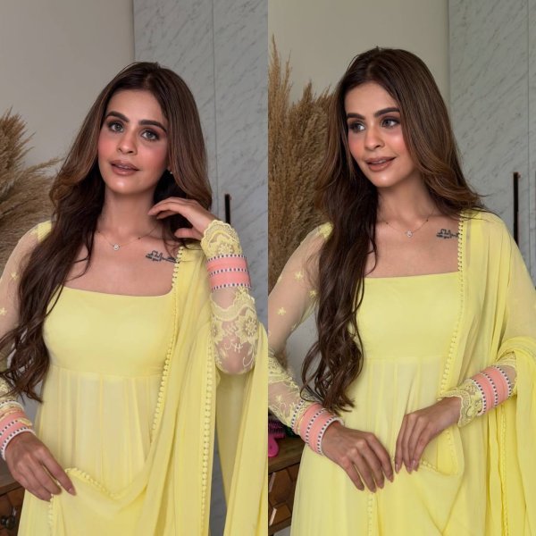 Sleek Lemon Yellow Maxi Anarkali Suit Set with Heavy Embroidery Multi Needle Work Ready To Wear Collection