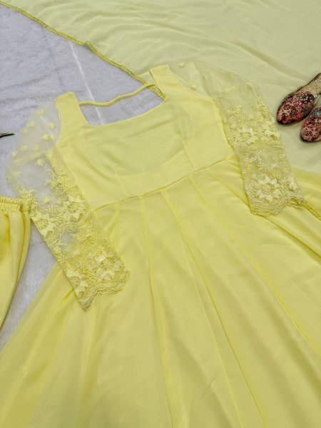 Sleek Lemon Yellow Maxi Anarkali Suit Set with Heavy Embroidery Multi Needle Work Ready To Wear Collection