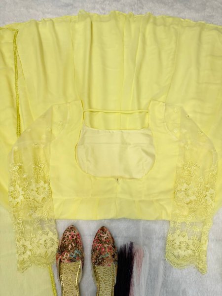 Sleek Lemon Yellow Maxi Anarkali Suit Set with Heavy Embroidery Multi Needle Work Ready To Wear Collection