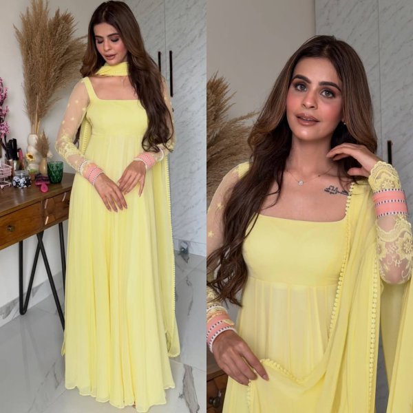 Sleek Lemon Yellow Maxi Anarkali Suit Set with Heavy Embroidery Multi Needle Work Ready To Wear Collection