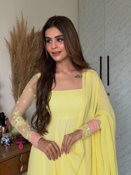 Sleek Lemon Yellow Maxi Anarkali Suit Set with Heavy Embroidery Multi Needle Work Ready To Wear Collection