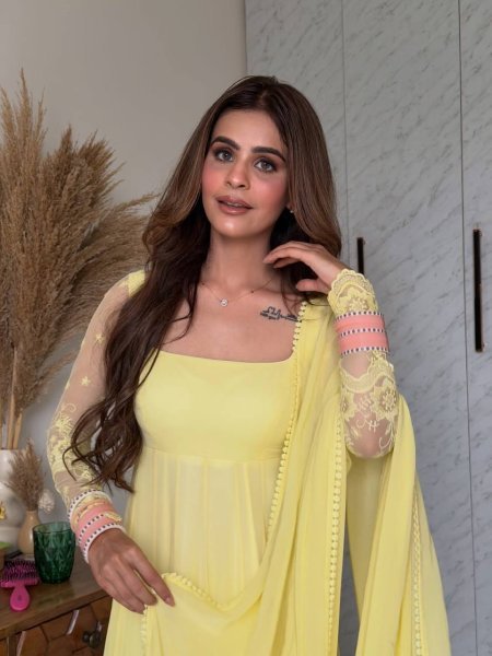 Sleek Lemon Yellow Maxi Anarkali Suit Set with Heavy Embroidery Multi Needle Work Ready To Wear Collection