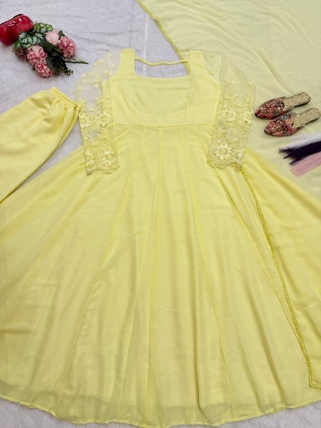 Sleek Lemon Yellow Maxi Anarkali Suit Set with Heavy Embroidery Multi Needle Work Ready To Wear Collection