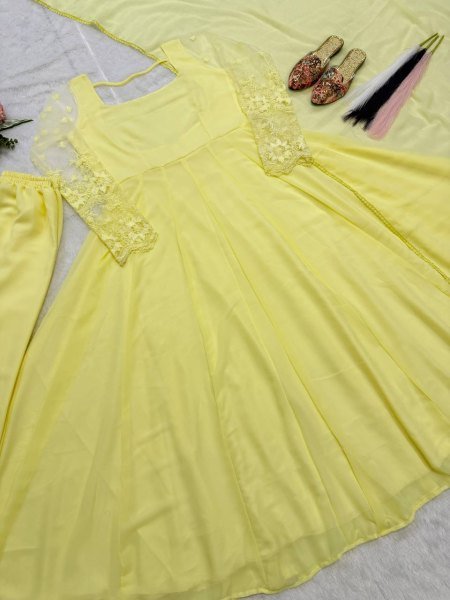 Sleek Lemon Yellow Maxi Anarkali Suit Set with Heavy Embroidery Multi Needle Work Ready To Wear Collection