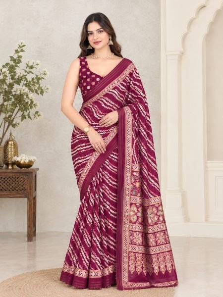 Sleek Maroon Cotton Slub Leheriya Saree with Patola Pattern Pallu For Party Wear Sarees 