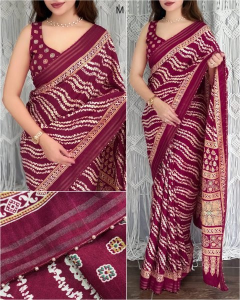 Sleek Maroon Cotton Slub Leheriya Saree with Patola Pattern Pallu For Party Wear Printed Cotton Sarees Wholesale