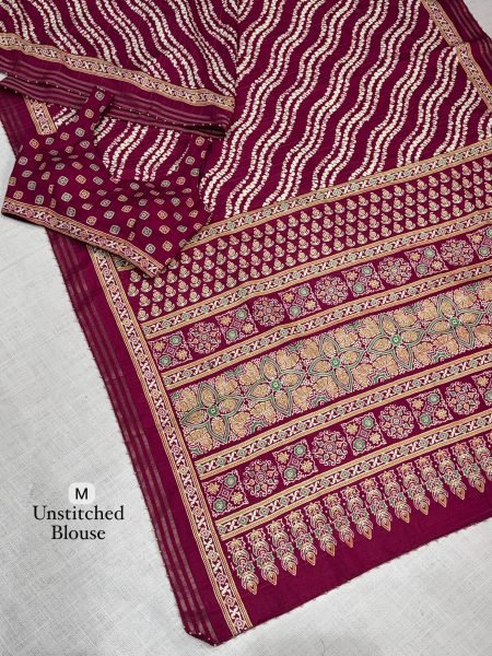 Sleek Maroon Cotton Slub Leheriya Saree with Patola Pattern Pallu For Party Wear Printed Cotton Sarees Wholesale