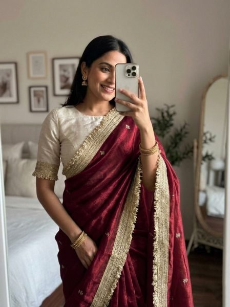 Sleek Maroon Designer Space Silk Saree with Heavy Embroidery and Lace Border Blouse Embroidery Sarees Wholesale