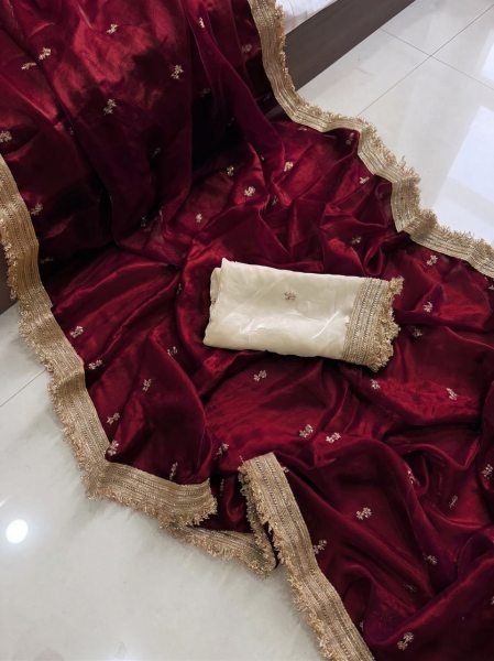 Sleek Maroon Designer Space Silk Saree with Heavy Embroidery and Lace Border Blouse Embroidery Sarees Wholesale