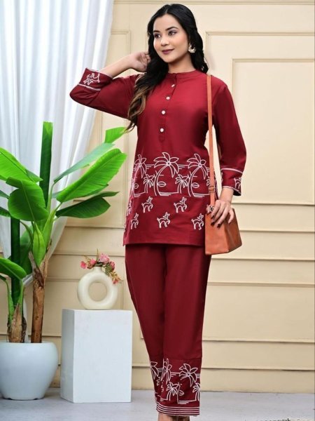 Sleek Maroon New Office Wear Kurti Pant Collection with Embroidery Work 