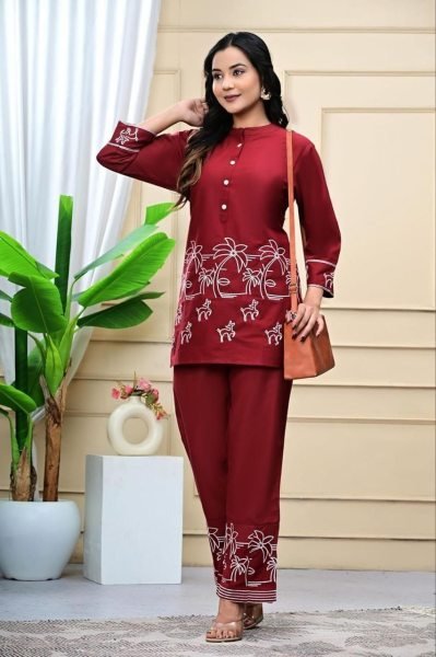 Sleek Maroon New Office Wear Kurti Pant Collection with Embroidery Work CO ORD Sets