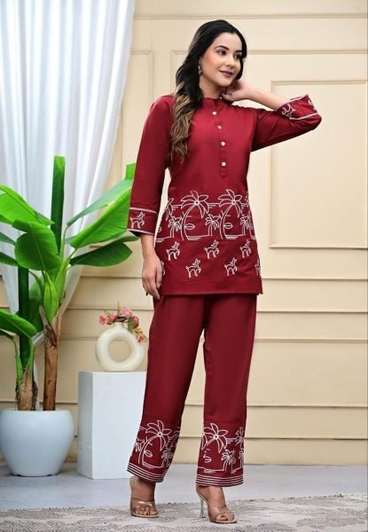 Sleek Maroon New Office Wear Kurti Pant Collection with Embroidery Work CO ORD Sets