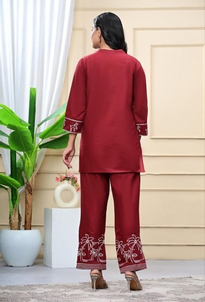 Sleek Maroon New Office Wear Kurti Pant Collection with Embroidery Work CO ORD Sets