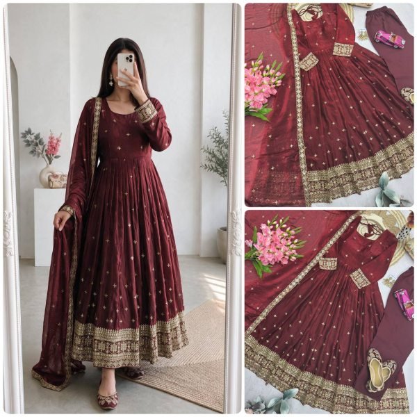 Sleek Maroon Premium Fandy Silk Gown with Micro Cotton Inner at Manufacturer  Ready To Wear Collection