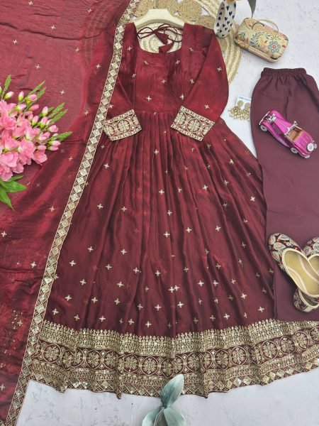 Sleek Maroon Premium Fandy Silk Gown with Micro Cotton Inner at Manufacturer  Ready To Wear Collection
