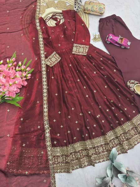 Sleek Maroon Premium Fandy Silk Gown with Micro Cotton Inner at Manufacturer  Ready To Wear Collection