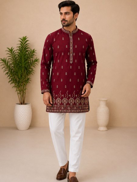 Sleek Maroon Rayon Cotton Short Kurta with Dual Side Embroidery Work for Men Mens Wear