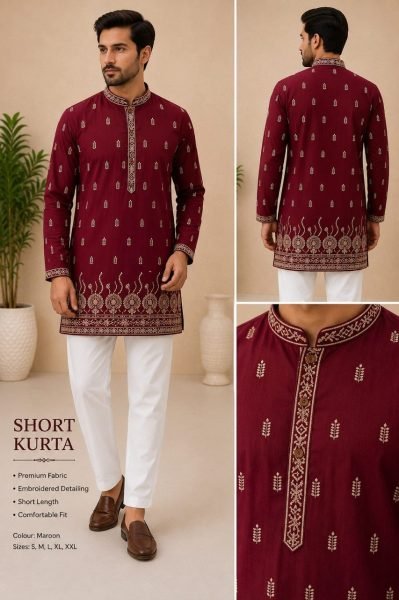 Sleek Maroon Rayon Cotton Short Kurta with Dual Side Embroidery Work for Men Mens Short Kurta