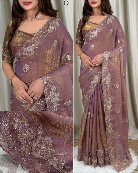 Sleek Mauve Designer Jacquard Saree with Embroidered Beads Blouse at Factory Price Designer Wedding Sarees Wholesale