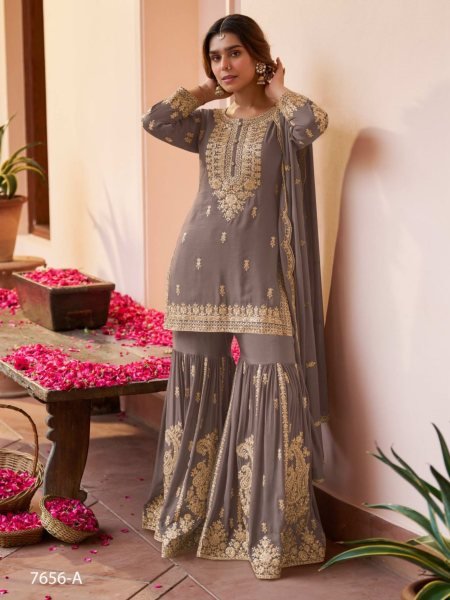 Sleek Mint Grey Heavy Chinon Sharara Suit with Sequence Embroidery for Wedding Wear Salwar Kameez